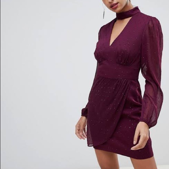 forever new wine colour Delilah metallic halo neck dress - Picture 4 of 9